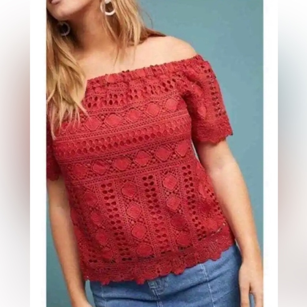 Anthropologie-Sunday in Brooklyn-Evie Off The Shoulder Lace Top, Rust, Size L/XL